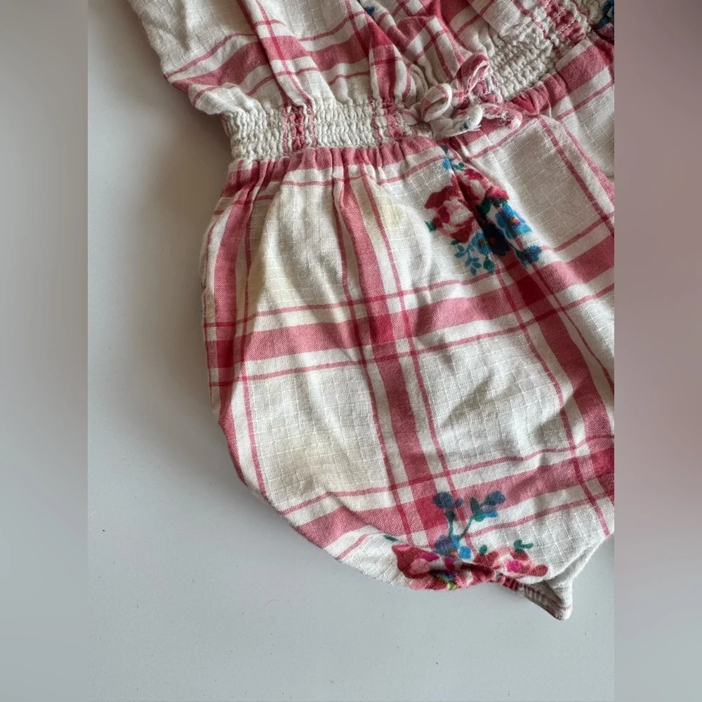 Ralph Lauren 18m Baby Girl Pink & White Plaid Floral Cotton Dobby Romper